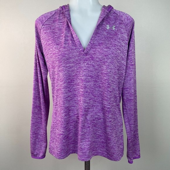 Under Armour Top Small Purple Hooded Loose Fit Long Sleeve Gym T-Shirt Women's - Picture 1 of 11